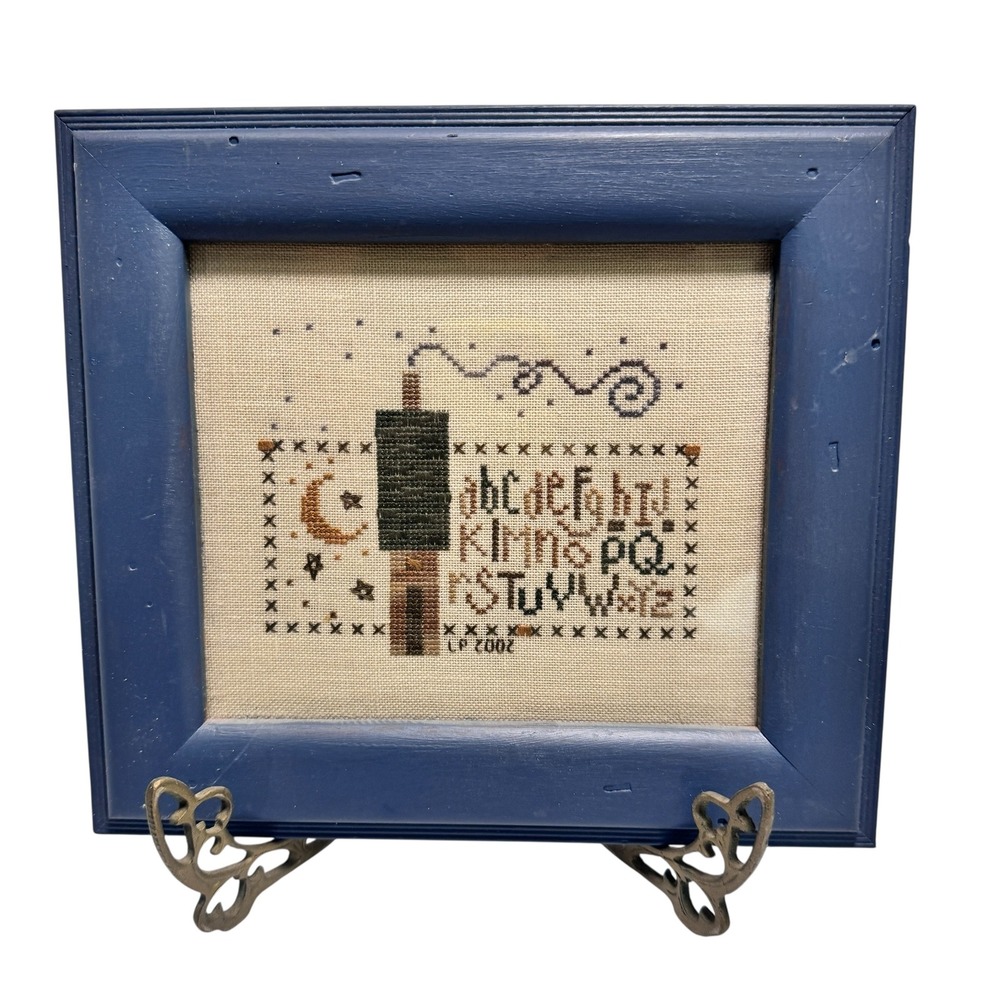 2002 LP Primitive Cross Stitch Alphabet Sampler Framed Moon Stars House Vintage